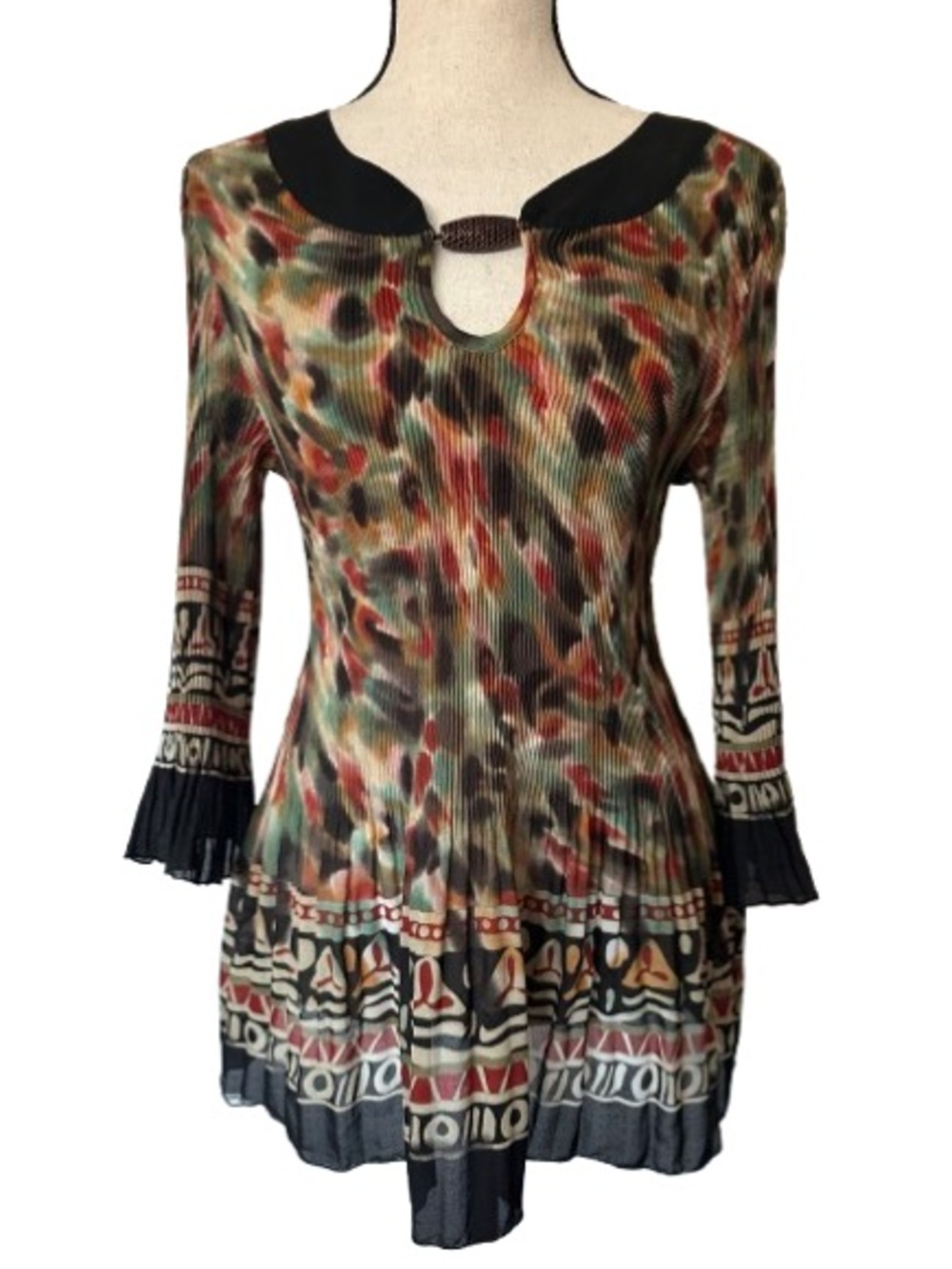 Nicola Boho Abstract Multi Color Pleated Keyhole Tunic Top Whimsy Artsy Blouse L